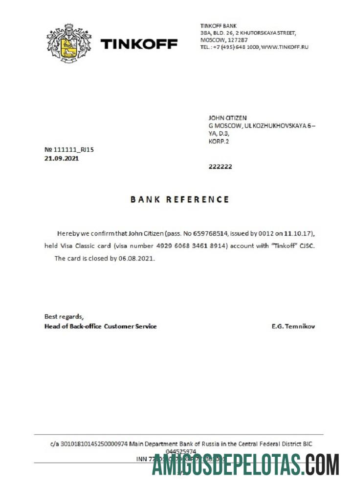 Rússia Tinkoff Closure Reference Usd em inglês modelo